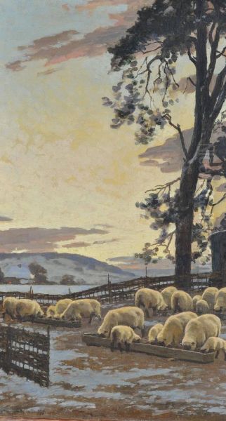 Sheep In A Pen At Sunset Oil Painting by William Gunning King