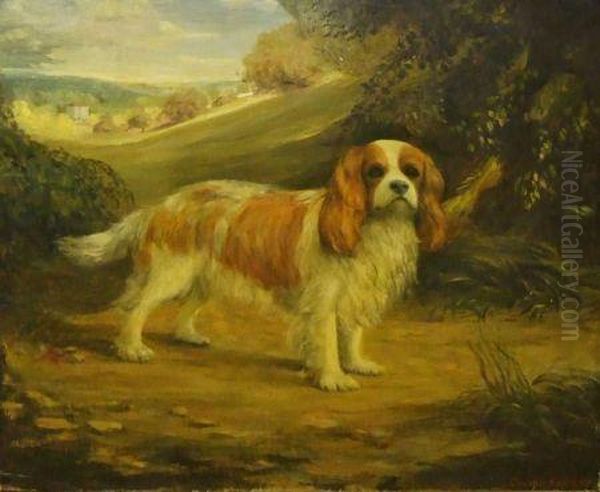 Study Of A King Charles Spaniel In Landscape Oil Painting by Charles Kingsley