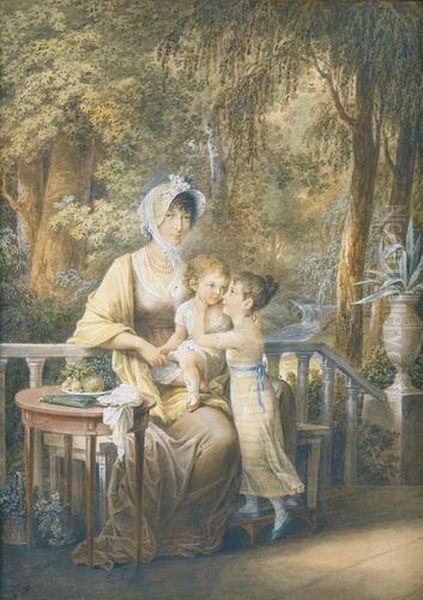 Elegante Dame Mit Zwei Kindern Im Park. Oil Painting by Vincenz Georg Kininger