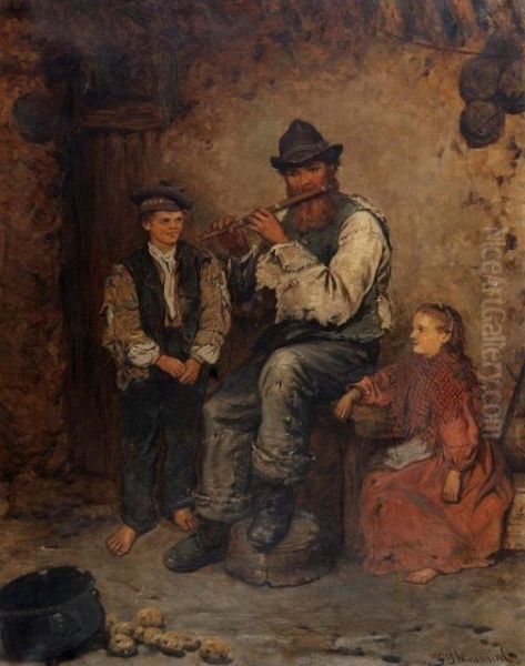 Man Playing The Flute To A Young Boy And Girl Oil Painting by Frederick Gerald Kinnaird