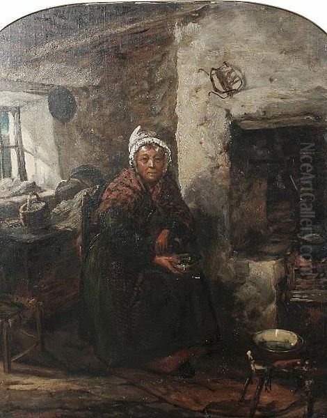 A Woman In A Kitchen Interior Oil Painting by Frederick Gerald Kinnaird