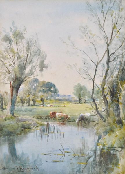 Cattle Watering At The Stream Oil Painting by Henry John Kinnnaird