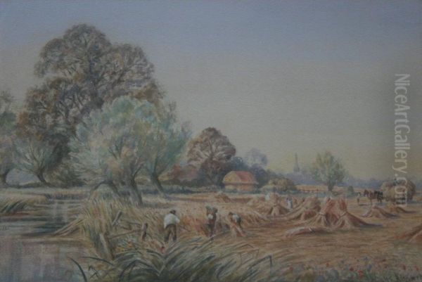 Harvest Scene In A Riverside Meadow Oil Painting by Wiggs Kinnaird