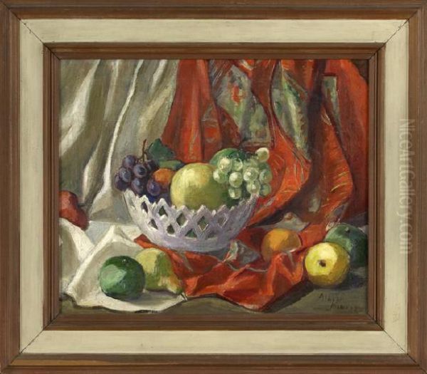 Still Life Of Fruit In A Basket On A Draped Table by Alberta Kinsey