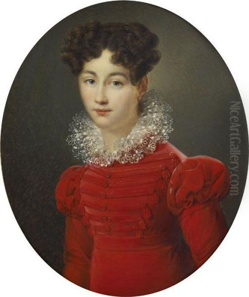 Portrait De Jeune Fille A La Robe Rouge, Dans Un Ovale Peint Oil Painting by Francois-Joseph Kinson