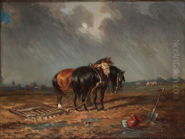 Horses On The Field Oil Painting by Carl Fredrik Kioerboe