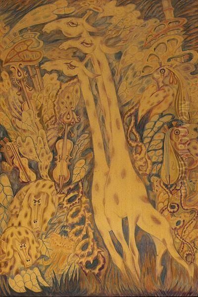 Giraffes And Other Animals In Jungle Setting. Oil Painting by Alexander Kips