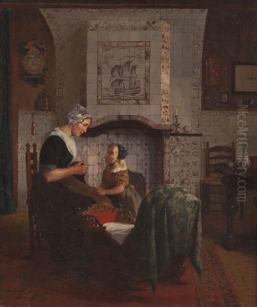 Mutter Mit Ihrer Tochter An Der Wiege Oil Painting by Otto Karl Kirberg