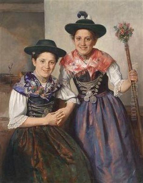 Two Maidens In Festive Costume Oil Painting by Otto Karl Kirberg