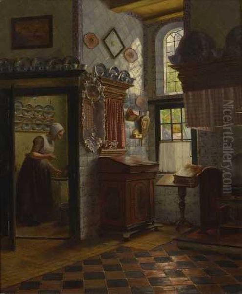 Interieur Mit Magd Oil Painting by Otto Karl Kirberg