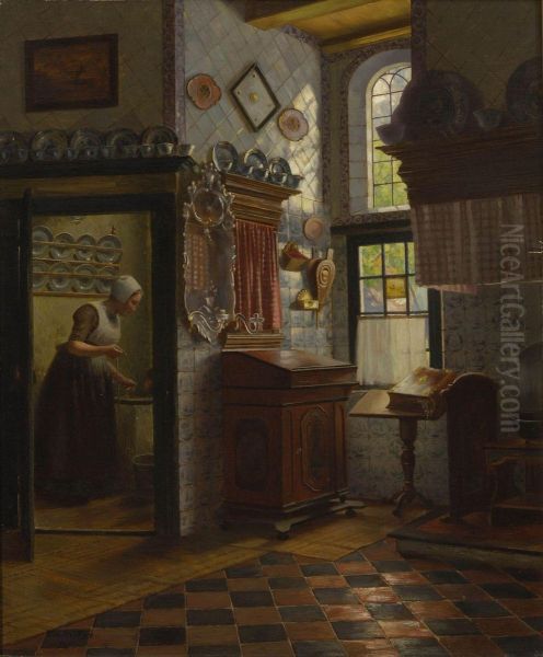 Interieur Mit Magd. Oil Painting by Otto Karl Kirberg