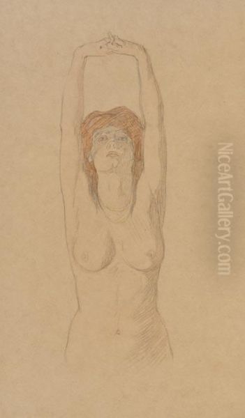 Standing Nude With Arms Raised Oil Painting by Raphael Kirchner