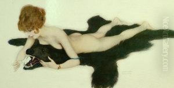 Nude On A Bear Skin Oil Painting by Raphael Kirchner