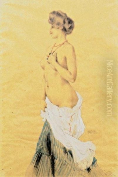 Modele A Demi Denude Au Collier Rouge Oil Painting by Raphael Kirchner