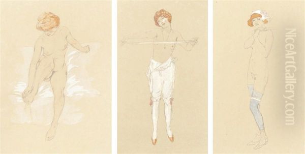 Seated Nude; Girl In White Breeches; And Blue Stockings Oil Painting by Raphael Kirchner