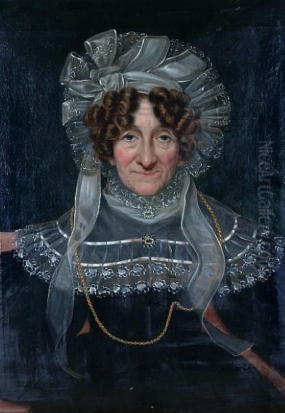 A Portrait Of Mary Priestley (nee Jones)(1796-1864) Wearing Dark Dress, Lace Shawl And Bonnet, And Goldchain, Seated Oil Painting by Thomas Kirkby