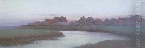 C- Cottages By A River At Sunset Oil Painting by Ida Marion Kirkpatrick