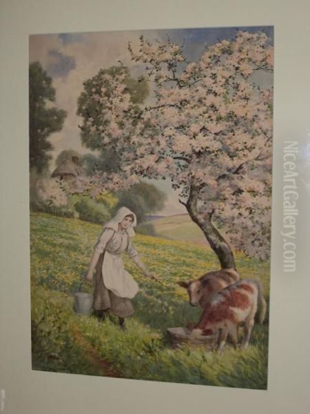 Young Maid Feeding The Calves Oil Painting by Joseph Kirkpatrick