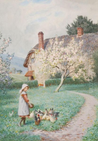 Ayoung Girl Feeding Chickens Oil Painting by Joseph Kirkpatrick