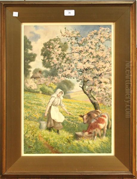 Landscape With Womancarrying A Pail Of Water Towards Calves Feeding Beneath A Tree Inblossom Oil Painting by Joseph Kirkpatrick