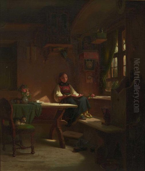 Lesendes Bauernmadchen In Der Stube. Oil Painting by Johann Baptist Kirner