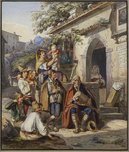 Pifferari Vor Dem Bauernhaus Oil Painting by Johann Baptist Kirner