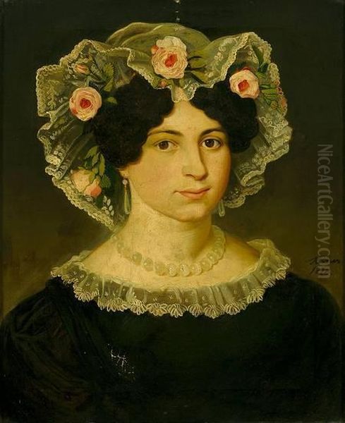 Portrait Einer Jungen Fraumit Perlenkette, Spitzenhaube Mit Rosenbluten Und Schwarzem Kleid Oil Painting by Lukas Kirner