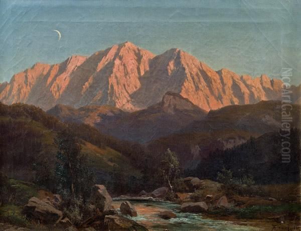 Blick Auf Die Zugspitze Vom Einfluss Der Ammer In Denammersee Oil Painting by Alois Kirnig