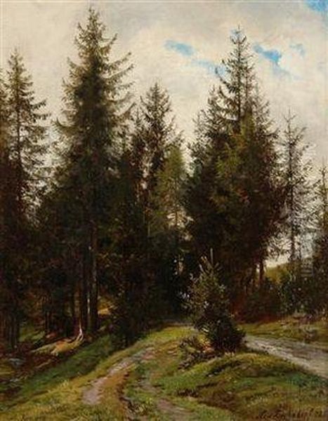 Trees By The Roadside Oil Painting by Alois Kirnig