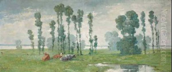 Flusslandschaft Mit Weidenden Kuhen. Oil Painting by Marie Luise Kirschner