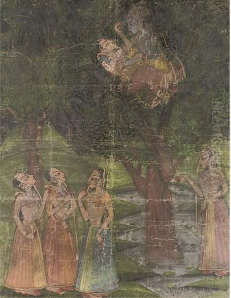 Depicting Krishna Making Love To A Gopi In A Tree, Three Other Gopis Looking On From Below Oil Painting by Pichvai Kishangarh