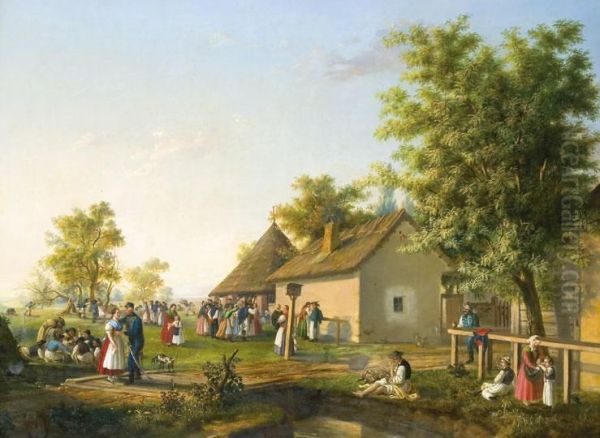 Vasarnap Delutani Mulatsag A Falu Vegen,1853 Oil Painting by Balint Kiss