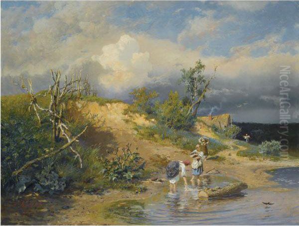 By The Riverbank Oil Painting by Alexander Alexandrovich Kiselev