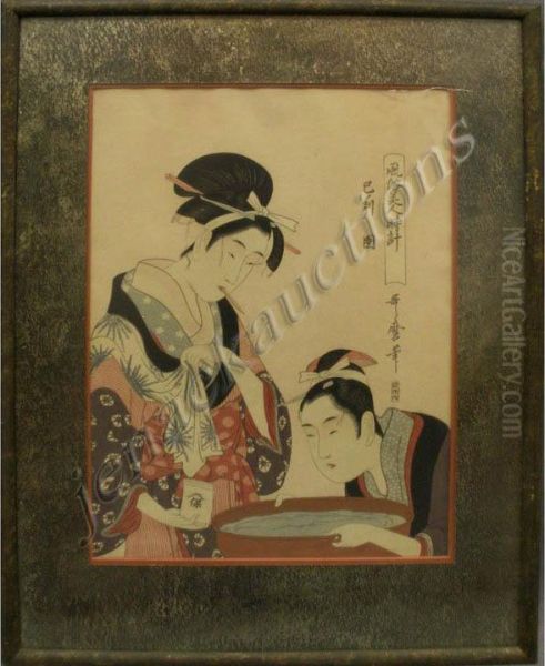 Vintage Japanese Oil Painting by Utamaro Ii Kitagawa