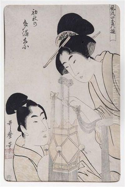 Kitigawa - Two Geishaswith Lantern Oil Painting by Utamaro Ii Kitagawa