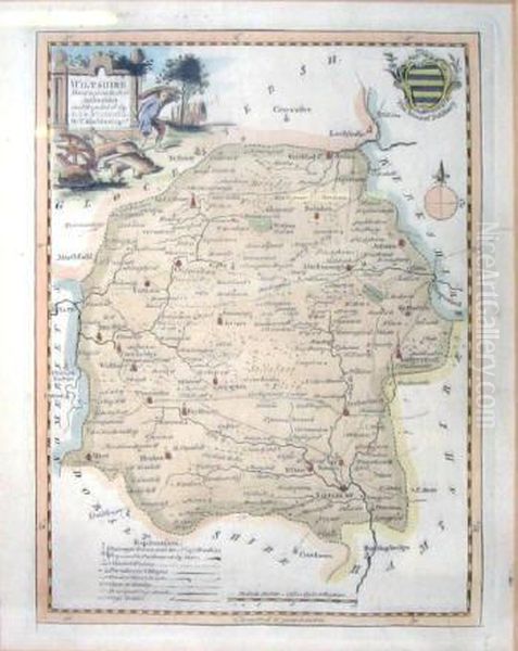 'map Of Wiltshire', Handcoloured Engraving, 22.5cm X 17cm, Frame, Plus Four Various County Maps Oil Painting by W. Kitchin