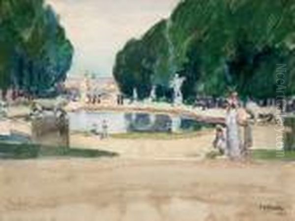 View Of Pond At Jardin Des Tuileries Oil Painting by Frederick Kitson Cowley