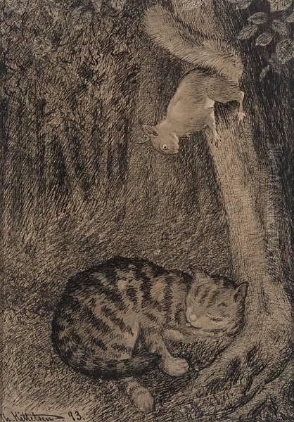 Ekorn Og Katt Oil Painting by Theodor Severin Kittelsen