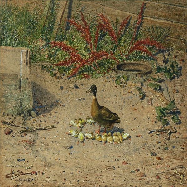 Mother Duck With Her Ducklings Oil Painting by Johann Adolf Kittendorff