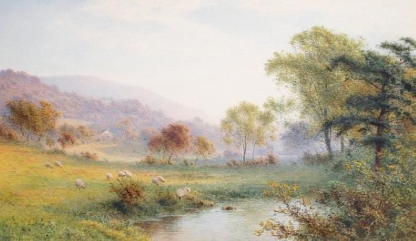 Sheep Grazing By A River Oil Painting by Roberto Angelo Kittermaster Marshall