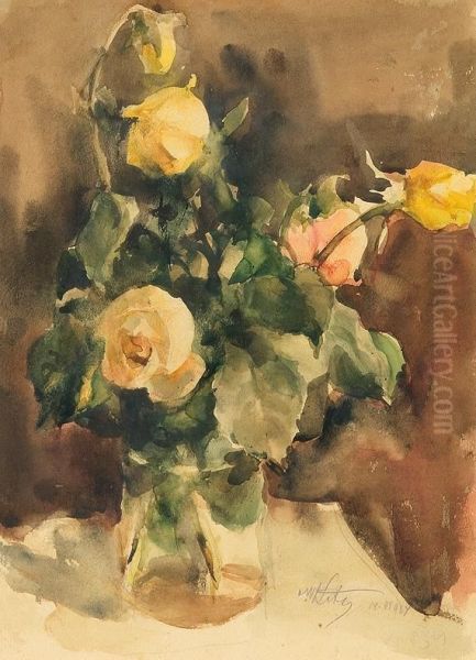 Roses In Vase Oil Painting by Marcin Kitz