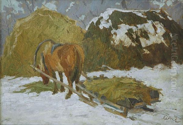 Motyw Zimowy Z Saniami I Koniem Oil Painting by Marcin Kitz