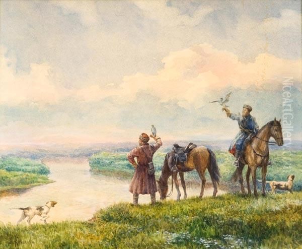 Scena Di Caccia Al Falcone Oil Painting by Aleksej Danilovich Kivsenko