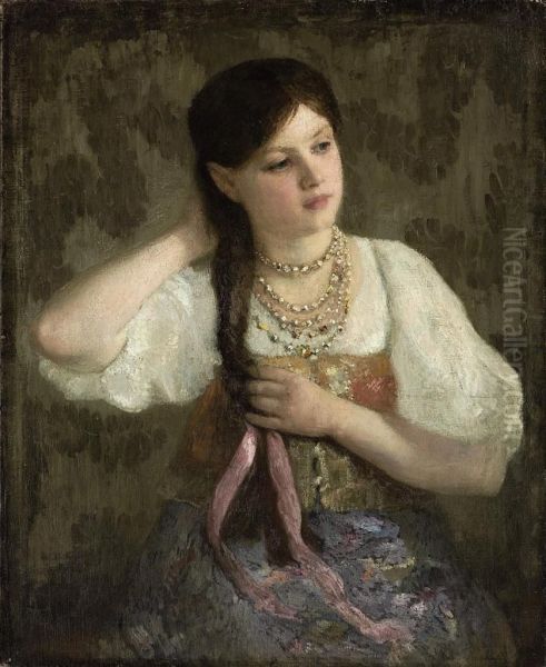 Portrait Of A Young Girl With A Pink Ribbon Oil Painting by Aleksei Danilovich Kivshenko