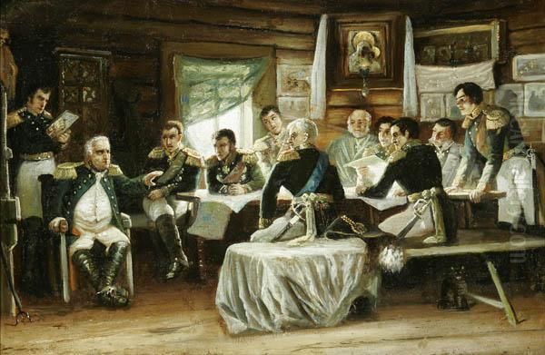 Russian Generals At The Conference Of Fili Deciding To Surrender Moscow To Napoleon Oil Painting by Aleksei Danilovich Kivshenko