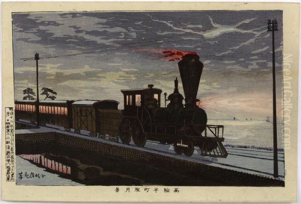 Running Steam Locomotive At Night In Takanawa Oil Painting by Kobayashi Kiyochika