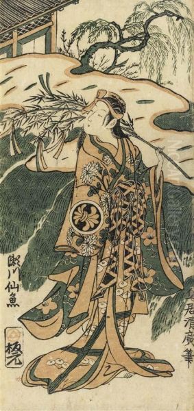 Benizuri-e Of The Actor Segawa Sengyo Holding A Branch Of Bamboo With Paper Festoons Near A River Oil Painting by Torii Kiyohiro