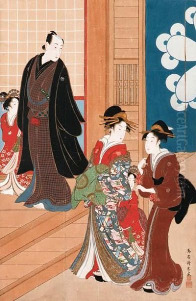 Courtesan Arriving To Meet Her Client At A Teahouse Oil Painting by Torii Ii Kiyomasu