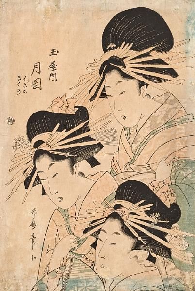 Two Woodcuts Oil Painting by Torii Kiyonaga