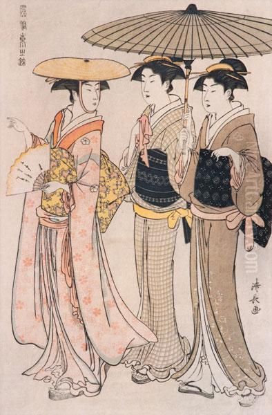 Tre Bellezze A Passeggio Oil Painting by Torii Kiyonaga